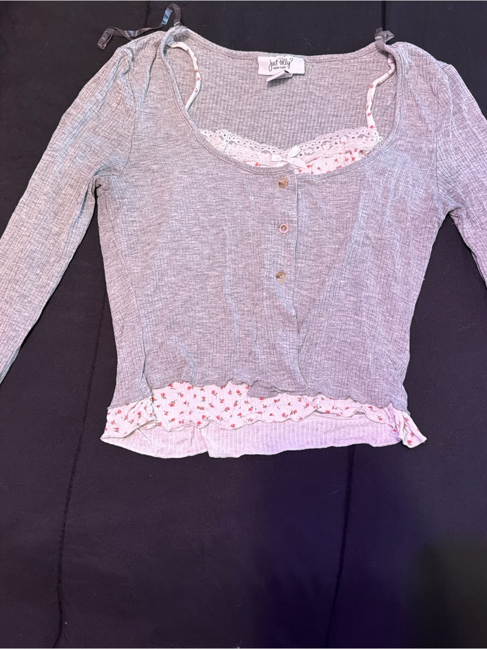 Just Jill Gray Layered-Look Long Sleeve Top with Floral Trim